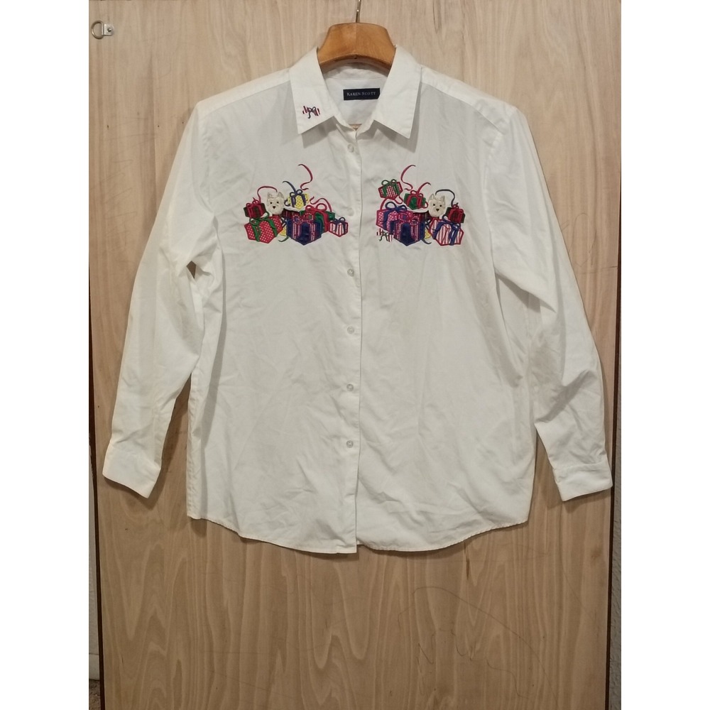 Karen Scott Shirt Womens Large White Button Embroidered Christmas Gift Dogs XL.